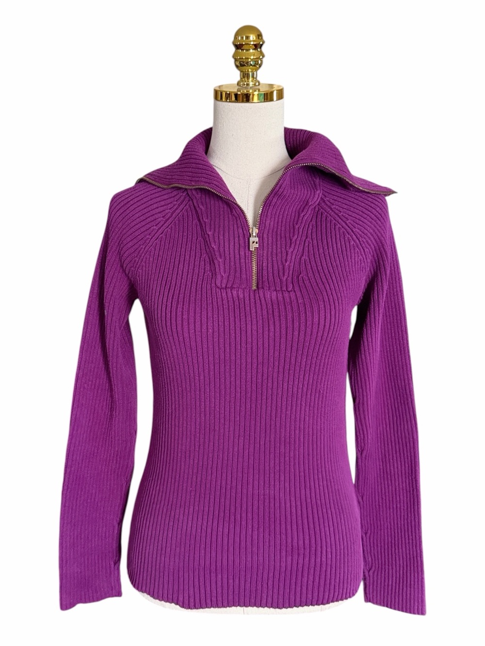 Ralph Lauren Women's Purple Ribbed Half-Zip Cotton Sweater Preppy Medium